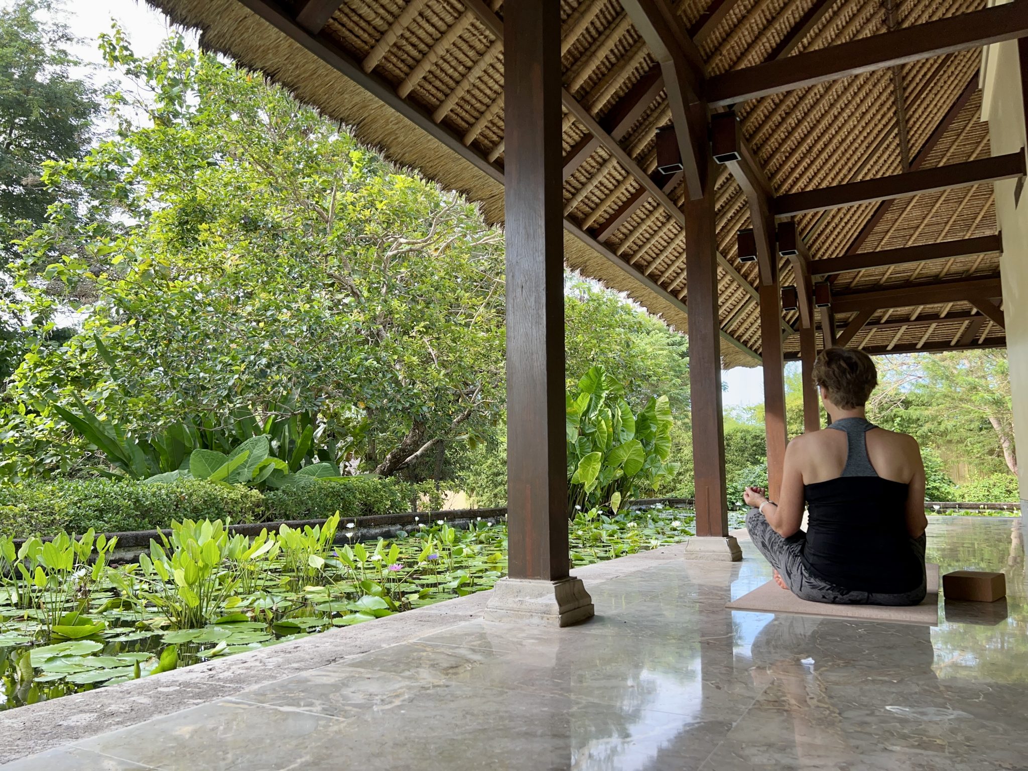 Little Wandering Wren's yoga overlooking lily pond at Revivo Wellness Resort Bali